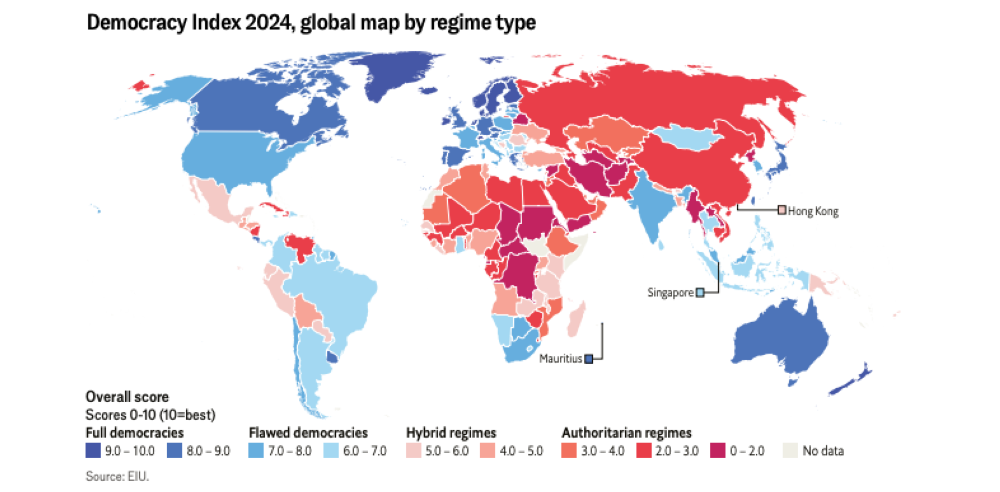 Democracia de El Salvador baja a 4.61 y sube un puesto en índice 2024 de The Economist
