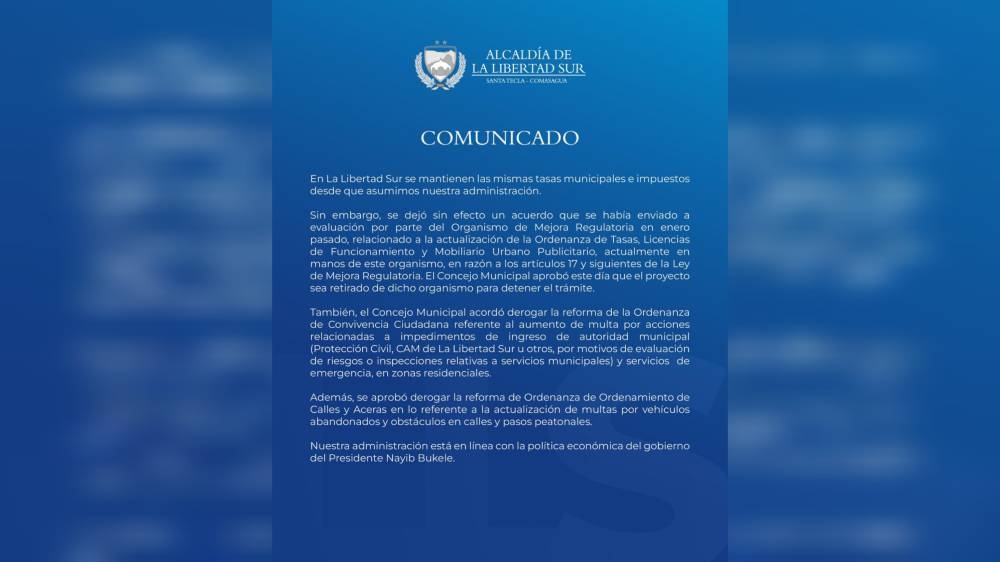 Tras advertencia de Bukele, Alcaldía de La Libertad Sur deroga reformas a ordenanzas que actualizaban multas